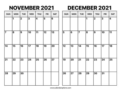 Printable November And December 2021 Calendar